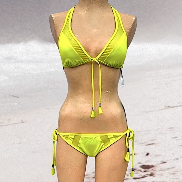 Seafolly Neon Yellow Mesh Panel Tasseled String Bikini SZ 6/4! NEW! - Picture 2 of 12